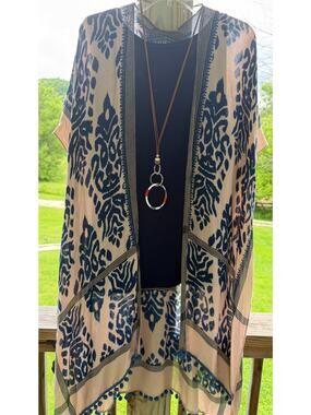 Boho Festival Western Lagenlook Macchia di Ruggine Navy PomPom Open Front Kimono